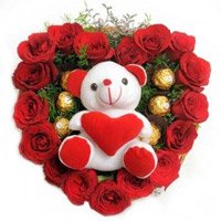 Flowers Heart Shaped to Hyderabad including 5 Ferrero Rocher to Hyderabad with Teddy Heart and 18 Red Roses in Vizag