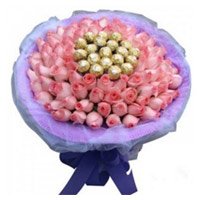 Diwali Gift Delivery in Hyderabad to deliver 50 Pink Roses 16 Pcs Ferrero Rocher Bouquet for Diwali