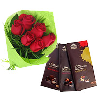 Deliver Christmas Gifts to Hyderabad consisting 5 Cadbury Bournville Chocolates with 6 Red Roses Bunch in Hyderabad