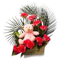 Order for Diwali Flowers that is Red Carnation Small Teddy Basket of 12 Flowers in Hyderabad Online