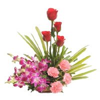 Send Orchids, Roses, Carnation Basket 12 Flowers to Hyderabad