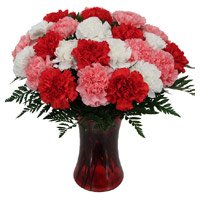 Order Online New Year Flowers to Hyderabad be made up of Red Pink White Carnation Vase 24 Flowers