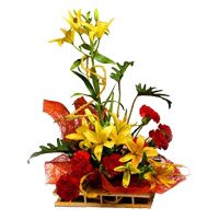 6 Yellow Lily 6 Red Carnation Flower Arrangement on Friendship Day