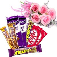 Send Online Twin Five Star, Dairy Milk, Munch, Kitkat Chocolates with 5 Pink Roses to Hyderabad. Christmas Gifts to Hyderabad