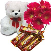 Send Cheap Online Gifts to Hyderabad of 6 Red Gerbera, 6 Inch Teddy Bear and 4 Five Star Chocolates on Rakhi