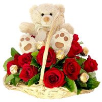 Online Gift Delivery to Hyderabad contain 12 Red Roses, 10 Ferrero Rocher and 9 Inch Teddy Basket on Friendship Day