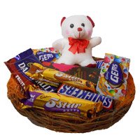 Best Friendship Day Chocolate Delivery in Hyderabad comprising Basket of Exotic Chocolates and 6 Inch Teddy