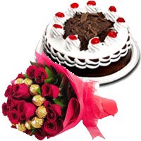 Order 16 pcs Ferrero Rocher with 30 Red Roses Bouquet and 1/2 Kg Black Forest Cake in Hyderabad for Friendship Day
