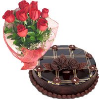 Send Rakhi Cake in Hyderabad. 1 Kg Chocolate Cake 12 Red Roses Bouquet