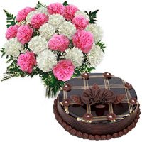 Place order to Send Christmas Gifts to Hyderabad. 1 Kg Chocolate Cake 12 Pink White Carnation Bouquet Hyderabad
