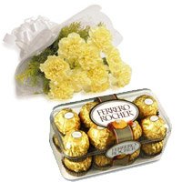 Order Rakhi to Hyderabad with 10 Yellow Carnation 16 Pcs Ferrero Rocher Chocolate to Hyderabad Same Day Delivery