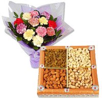 Order Friendship Day Flowers for 12 Mixed Carnation With 1/2 Kg Dry Fruits to Hyderabad