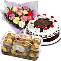 Deliver 12 Mix Carnation with 1/2 Kg Black Forest Cake and 16 Pcs Ferrero Rocher Chocolates in Hyderabad Online for Christmas Gifts to Vizag