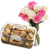 Deliver 10 Pink White Roses Vase 16 Pcs Ferrero Rocher Diwali Chocolates in Hyderabad