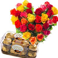 New Year Gifts in Tirupati containing 30 Mix Roses Heart 16 Pcs Ferrero Rocher