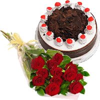 12 Red Roses 1/2 Kg Eggless Black Forest Cake to Hyderabad Midnight Delivery