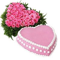 Midnight New Year Cakes Delivery in Secunderabad deliver 36 Pink Roses Heart with 1 Kg Eggless Strawberry Cakes in Hyderabad