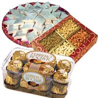 Online Gift of 1 Kg Dry Fruits, 1/2 Kg Kaju Katli and 16 Pcs Ferrero Rocher Hyderabad. Online Diwali Gifts to Hyderabad