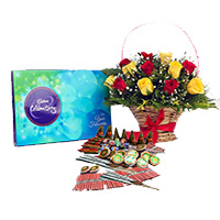 1 Celebration Pack and 18 Red Yelow Mix Flowers Basket with Assorted Crackers worth Rs 1200. Deliver Diwali Gifts in Hyderabad same Day.