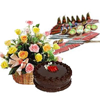Diwali Crackers and Gifts to Hyderabad. 500gm Chocolate Cakes and 20 Mix Roses Basket with Assorted Crackers worth Rs 1200.