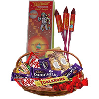 Diwali Gifts Delivery in Hyderabad deliver to Basket of Assorted Chocolates and 10 Red Roses with 1 Box Rocket contain 10pcs.