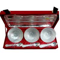 Christmas Gifts Delivery in Hyderabad. Silver Plated Set (1 Tray, 3 Bowls , 3 Spoon) in Brass