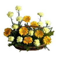 Place order for Yellow Gerbera White Carnation Basket 20 Flowers to Hyderabad Online on Rakhi