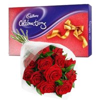 Diwali Gifts Delivery to Hyderabad to send Cadbury Celebration Pack with 12 Red Roses Bunch