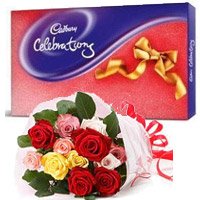 Christmas Gifts to Hyderabad with 12 Mix Roses Bouquet with Cadbury Celeberation Pack