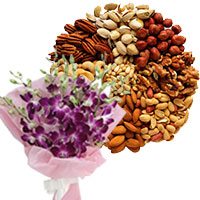 New Year Gifts to Hyderabad having 12 Orchid Stem Flower Bouquet with 500 gm Assorted Dry Fruits in Vijayawada