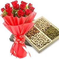 New Year Gifts to Hyderabad Same Day Delivery encircled with 12 Red Roses with 500 gm Mixed Dry Fruits to Secunderabad