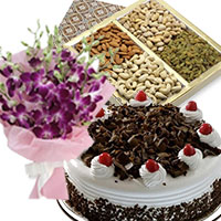 Shop for New Year Gifts to Vishakhapatnam. 5 Purple Orchids Bunch 1/2 Kg Black Forest Cake with 500 gm Mix Dry Fruits in Hyderabad