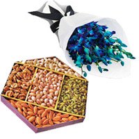 Place Online Order to Send New Year Gifts to Secunderabad comprising Blue Orchid Bunch 10 Flowers Stem with 1/2 Kg Mix Dry Fruits in Hyderabad