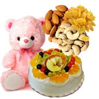 Order Friendship Day Gifts of 12 Inch Teddy 1 Kg Eggless Fruit Cake in Hyderabad Online from 5 Star Bakery with 500 gm Assorted Dry Fruits for Friendship Day