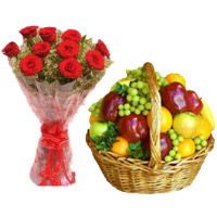 Order Online New Year Gifts to Hyderabad. Send 12 Red Roses Flower Bouquet with 2 Kg Mix Fresh Fruits