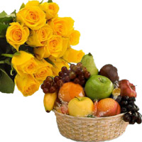 Send Diwali Gifts to Hyderabad Online Contsist of 12 Yellow Roses Bunch with 1 Kg Fresh Fruits Basket