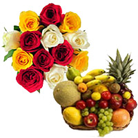 Send Flowers and  Gifts to Hyderabad encircled 12 Mix Roses Bunch with 2 Kg Fresh Fruits Basket.