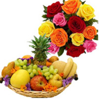 Shop for New Year Gifts to Hyderabad and Flowers to Vishakhapatnam along with 12 Mix Roses Bunch with 1 Kg Fresh Fruits to Hyderabad with Basket