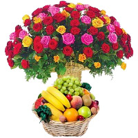 Gifts to Hyderabad Same Day take in 50 Mix Roses Basket with 2 Kg Fresh Fruits Basket on Friendship Day