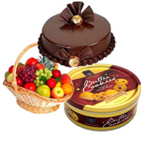 Send 1 Kg Fresh Fruits to Hyderabad in Basket with 500 Chocolate Truffle Friendship Day Cake and Butter Cookies Gifts