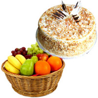 New Year Gifts to Vijayawada. 1 Kg Fresh Fruits Online Hyderabad in Basket with 500 gm Butter Scotch Cakes to Hyderabad.