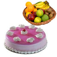 New Year Gifts to Hyderabad. 1 Kg Fresh Fruits Basket with 1 Kg Strawberry Cakes in Hyderabad