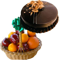 Send 500 gm Chocolate Cake and Gift to Hyderabad with 1 Kg Fresh Apple and Orange Basket on Friendship Day