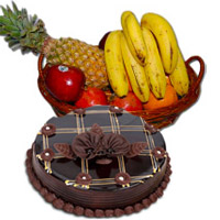 1 Kg Fresh Fruits Basket with 1 Kg Chocolate Truffle Cake and Send New Year Gifts to Secunderabad