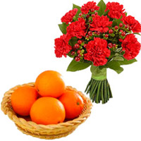 Send Friendship Day Gifts to Hyderabad including 12 Red Carnations Bunch with 12 pcs Fresh Orange