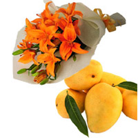 Send Diwali Gifts to Hyderabad consisting Orange Lily Bouquet 4 Flower in Hyderabad with Stems and 12 pcs Fresh Mango