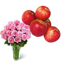 Deliver Friendship Day Gifts to Hyderabad for 20 Pink Roses in Vase with 1 Kg Fresh Apple