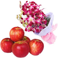 Place Order for Purple Orchid Bunch 5 Flowers Stem with 1 Kg Fresh Apple. Diwali Gift to Hyderabad Online