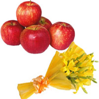 New Year Gifts in Vizag comprising of Yellow Lily Bouquet 3 Flower Stems with 1 Kg Fresh Apple