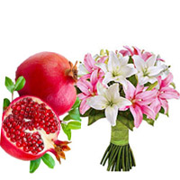 Send Diwali Gifts to Hyderabad. 1 Kg Fresh Promegranate with Pink White Lily Bouquet 6 Stems